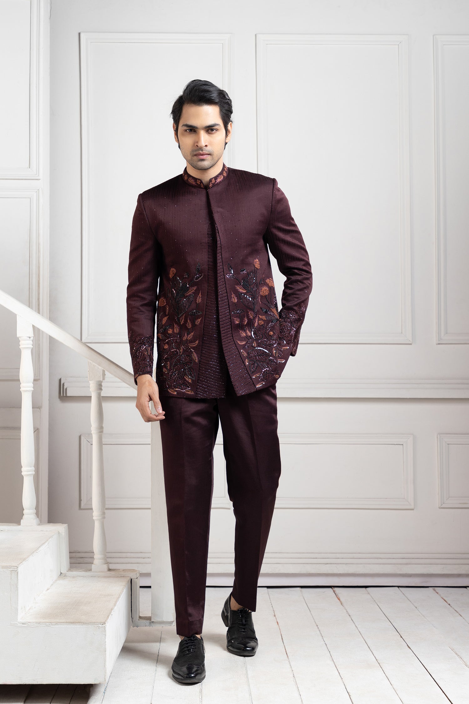 Embroidered Wine Bandhgala Set