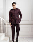Embroidered Wine Bandhgala Set
