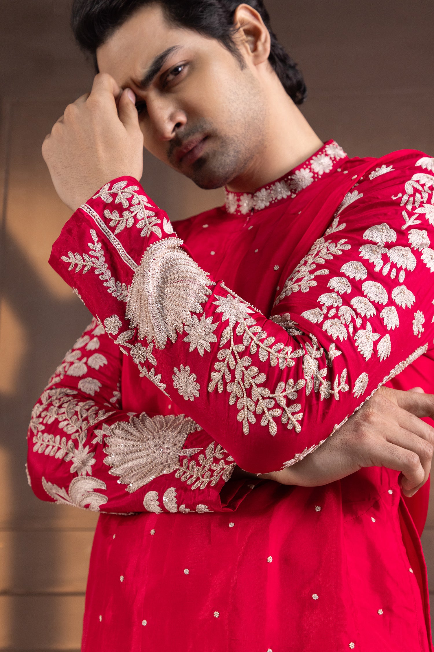 Crimson Palm Grove Embroidered Nehru Jacket