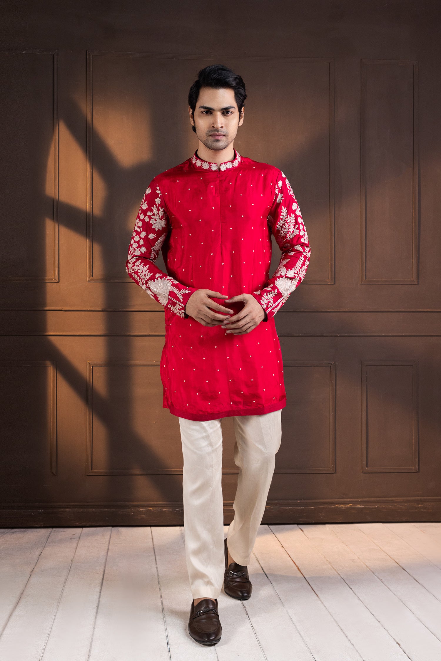 Crimson Palm Grove Embroidered Kurta