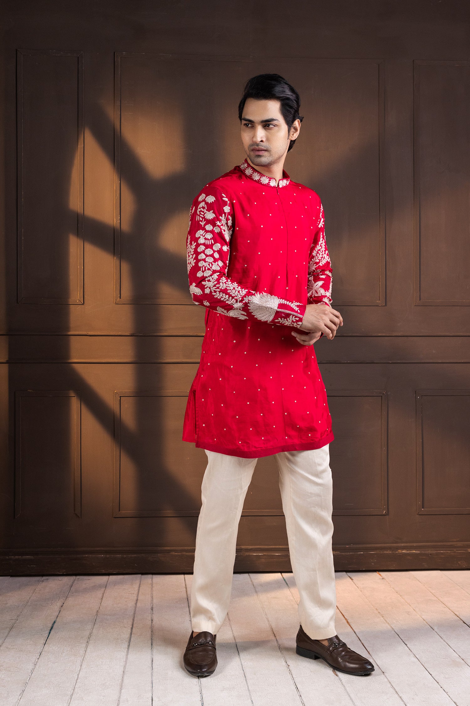 Crimson Palm Grove Embroidered Kurta