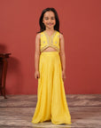 Yellow Handcrafted Crop Top & Flared Pants Set for Girls