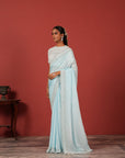 Embroidered Blue Saree Set with Modern Tie-Up Blouse