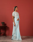 Embroidered Blue Saree Set with Modern Tie-Up Blouse