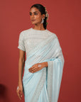 Embroidered Blue Saree Set with Modern Tie-Up Blouse