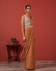 Pre-Draped Brown Saree with Embroidered Blouse & Detachable Belt