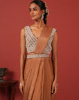 Pre-Draped Brown Saree with Embroidered Blouse & Detachable Belt