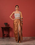 Pre-Draped Brown Saree Set with Slit Skirt