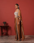 Pre-Draped Brown Saree Set with Slit Skirt