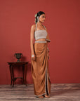Pre-Draped Brown Saree Set with Slit Skirt