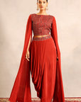Red Ajrakh Embroidered Cape Sleeve Blouse With Drape Skirt