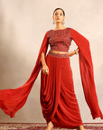 Red Ajrakh Embroidered Cape Sleeve Blouse With Drape Skirt