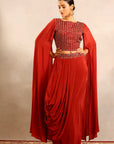 Red Ajrakh Embroidered Cape Sleeve Blouse With Drape Skirt