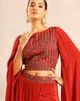 Red Ajrakh Embroidered Cape Sleeve Blouse With Drape Skirt