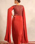 Red Ajrakh Embroidered Cape Sleeve Blouse With Drape Skirt