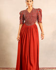 Red Ajrakh Embroidered Gathered Dress