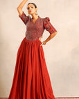 Red Ajrakh Embroidered Gathered Dress