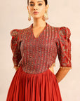 Red Ajrakh Embroidered Gathered Dress