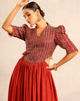 Red Ajrakh Embroidered Gathered Dress