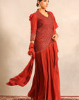 Red Strip Embroidered Overlap Jacket With Pleated Skirt And Ruffled Dupatta