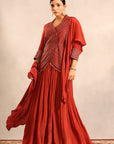 Red Strip Embroidered Overlap Jacket With Pleated Skirt And Ruffled Dupatta