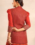 Red Strip Embroidered Overlap Jacket With Pleated Skirt And Ruffled Dupatta