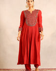 Red Ajrakh Embroidered Gathered Kurti With Pants