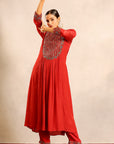 Red Ajrakh Embroidered Gathered Kurti With Pants