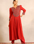 Red Ajrakh Embroidered Gathered Kurti With Pants