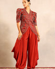 Red Ajrakh Patchwork Fully Embellished Jacket With Side Cowl Pants