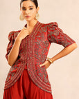 Red Ajrakh Patchwork Fully Embellished Jacket With Side Cowl Pants