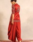 Red Ajrakh Patchwork Fully Embellished Jacket With Side Cowl Pants