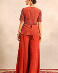 Red Ajrakh Embroidered Runner Peplum Top With Pants