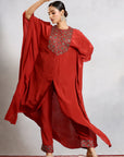 Maroon Ajrakh Embroidered Yoke Kaftan With Pants