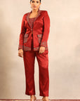Maroon Ajrakh Embroidered Stripwork Blouse With Embellished Blazer And Pants