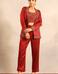 Maroon Ajrakh Embroidered Stripwork Blouse With Embellished Blazer And Pants