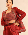 Maroon Ajrakh Embroidered Stripwork Blouse With Embellished Blazer And Pants