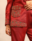 Maroon Ajrakh Embroidered Stripwork Blouse With Embellished Blazer And Pants