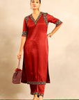 Maroon Ajrakh Embellished Kurta With Pants