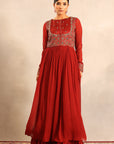 Maroon Ajrakh Embellished Full Sleeve Gathered Dress
