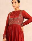 Maroon Ajrakh Embellished Full Sleeve Gathered Dress