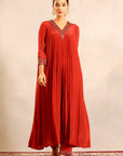 Scarlet Red V Neck Gathered Kurta With Pants