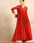 Scarlet Red V Neck Gathered Kurta With Pants