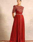 Maroon Ajrakh Embellished Yoke Gathered Dress