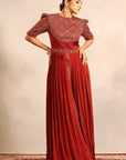 Maroon Ajrakh Embellished Yoke Gathered Dress