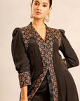 Black Ajrakh Embellished V Neck Slit Kurta With Pants