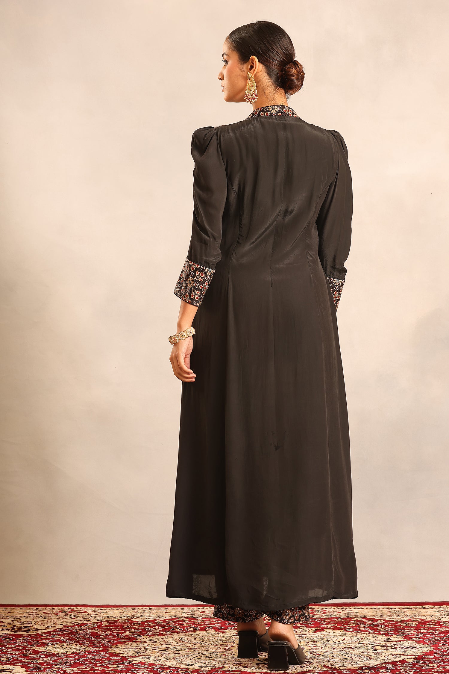 Black Ajrakh Embellished V Neck Slit Kurta With Pants