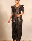 Black Ajrakh Embroidered Jacket With Drape Skirt