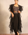 Black Ajrakh Embellished Blouse With Drape Skirt And Ruffle Dupatta