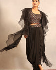 Black Ajrakh Embellished Blouse With Drape Skirt And Ruffle Dupatta